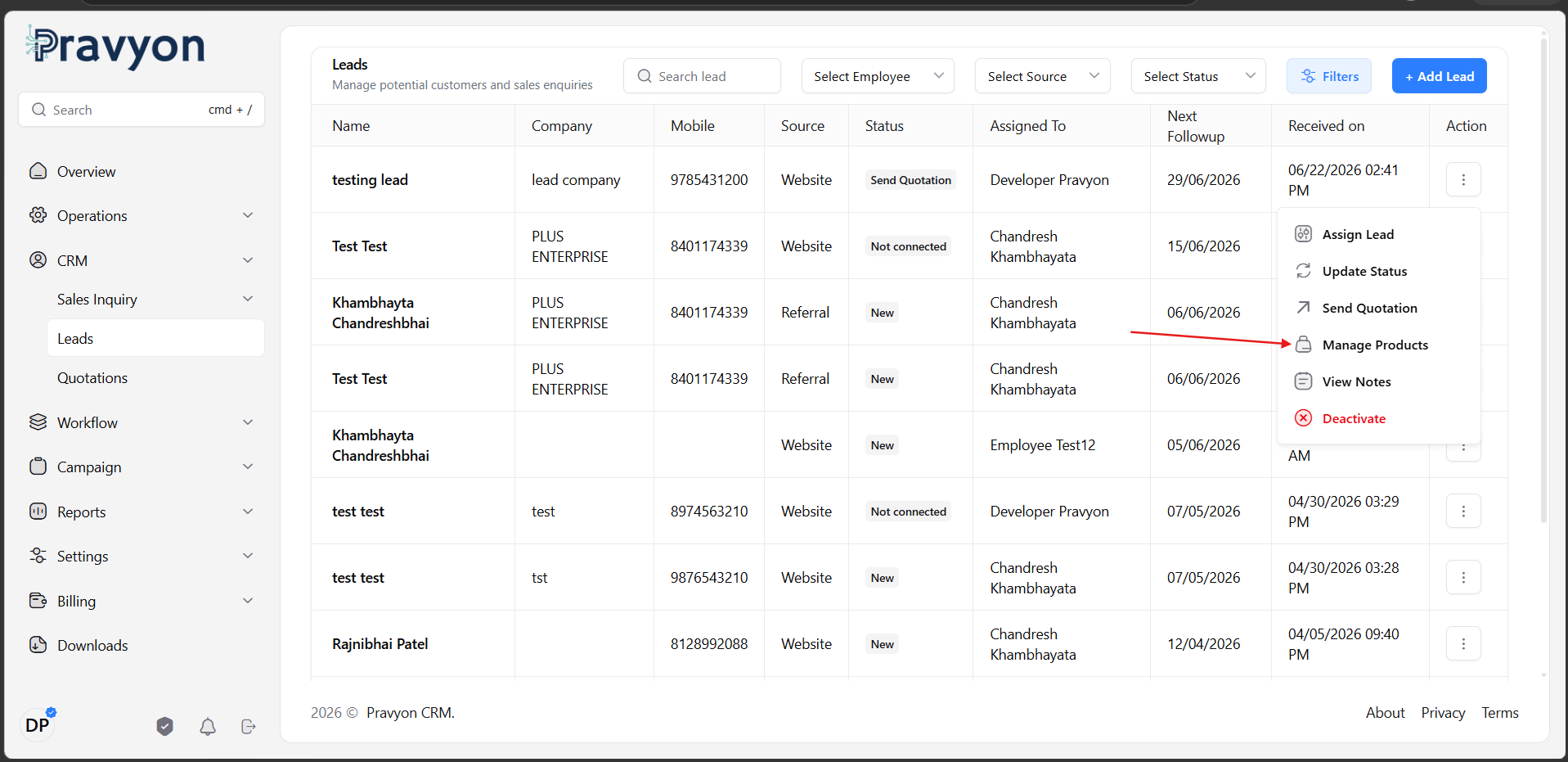 Manage Products Action Menu Option
