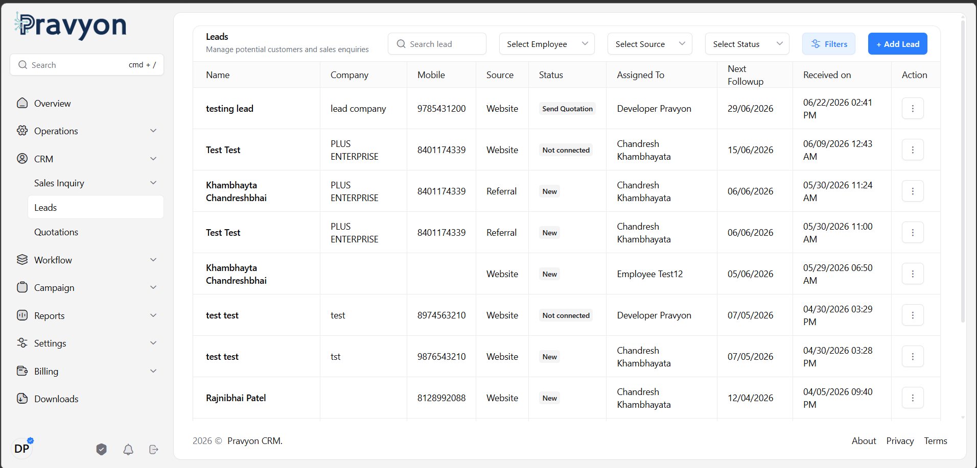 Pravyon Lead Management Table View