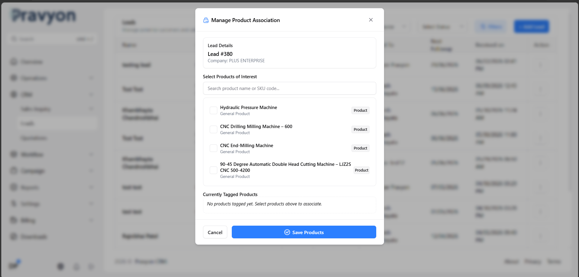 Lead Product Selection Modal