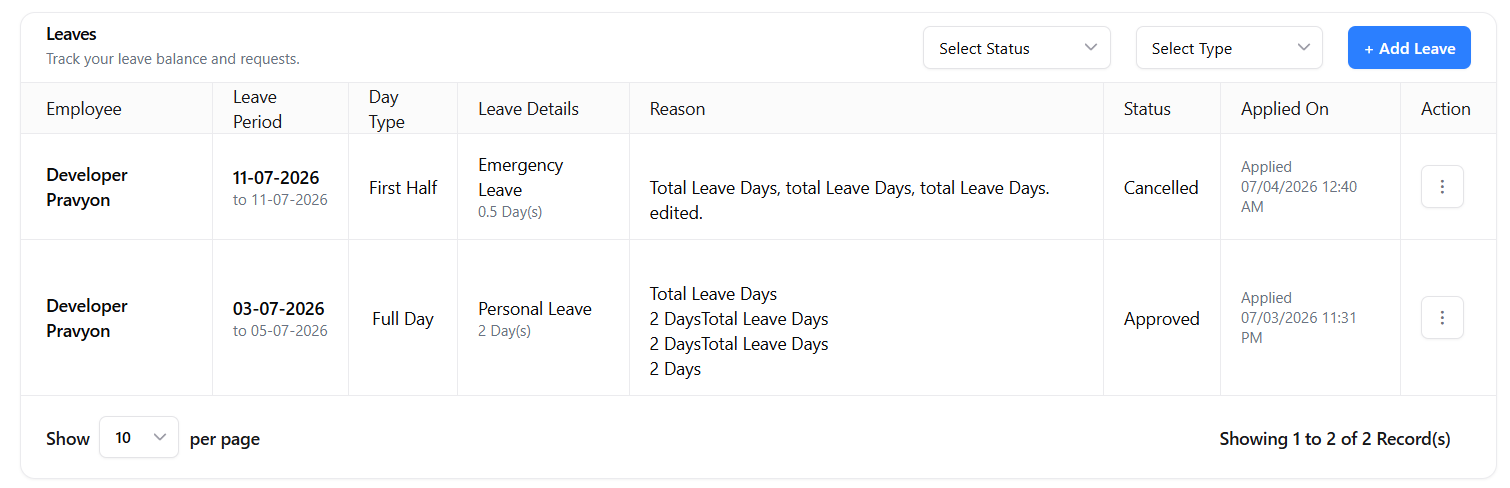 Leave Management - Leave List