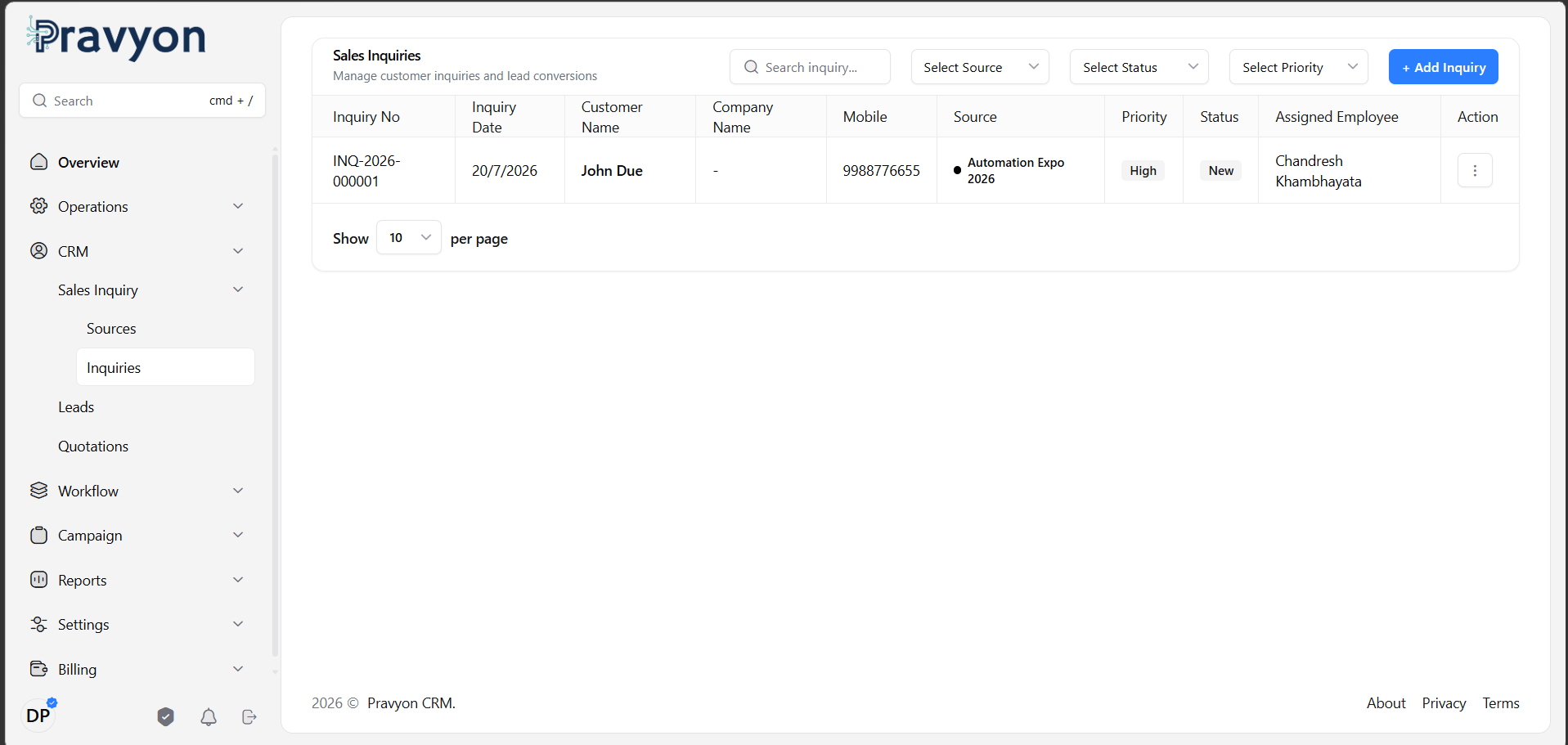 Sales Inquiry List View
