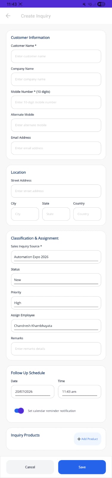 Mobile Create Inquiry Form