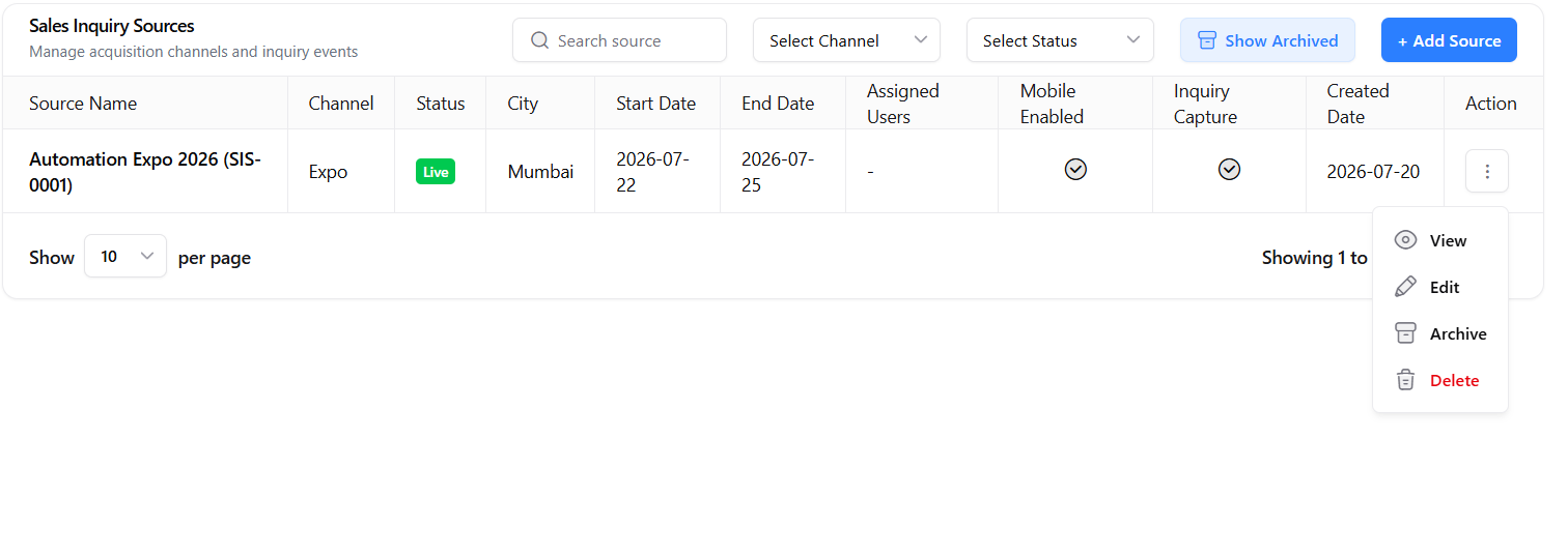 Sales Inquiry Source Action Menu Options