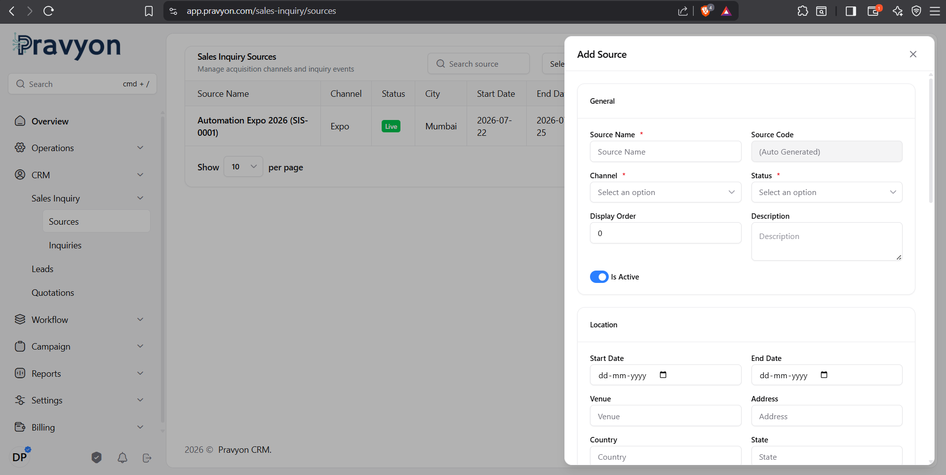 Add Sales Inquiry Source Drawer Form