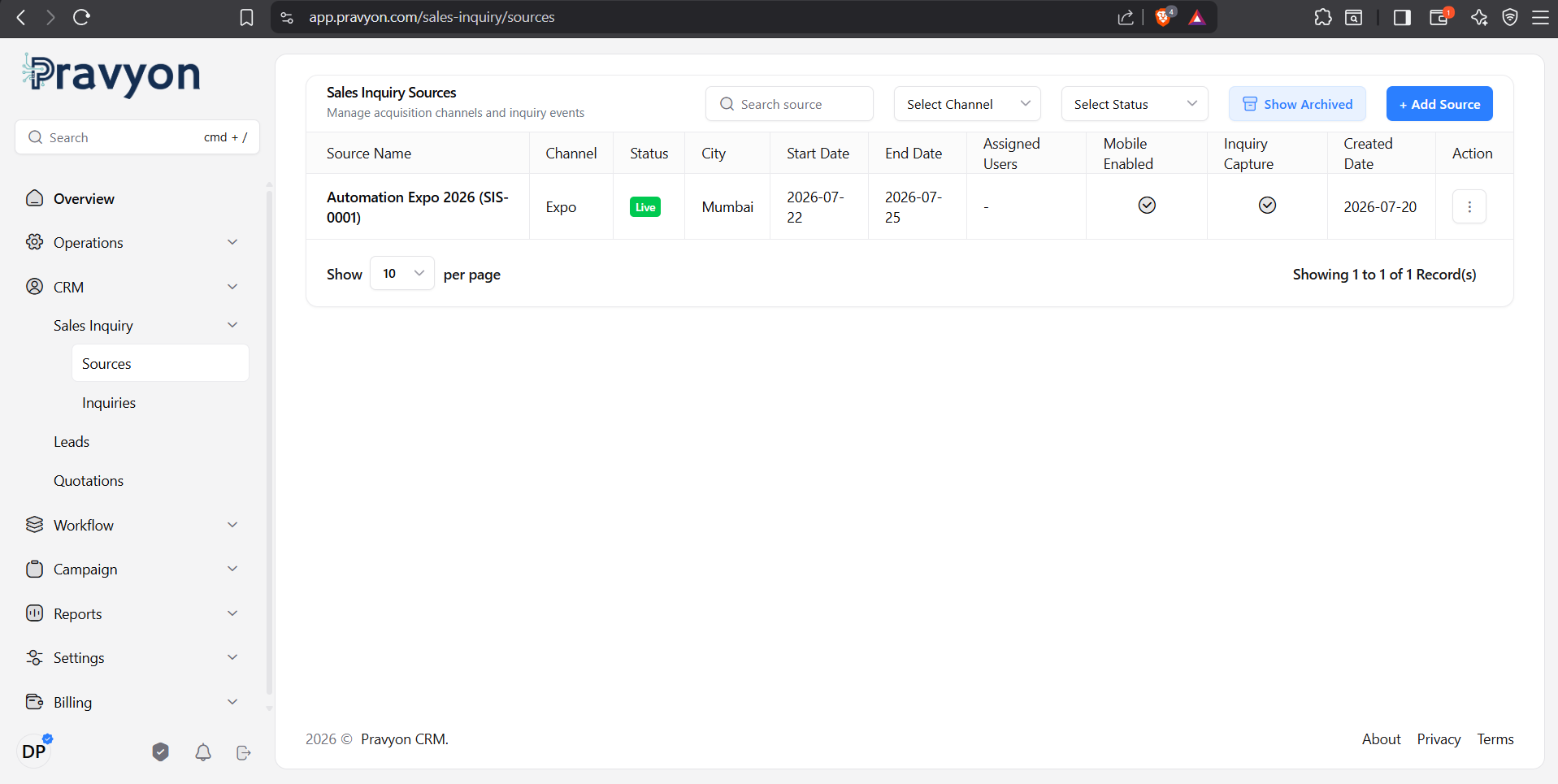 Sales Inquiry Sources Management Console